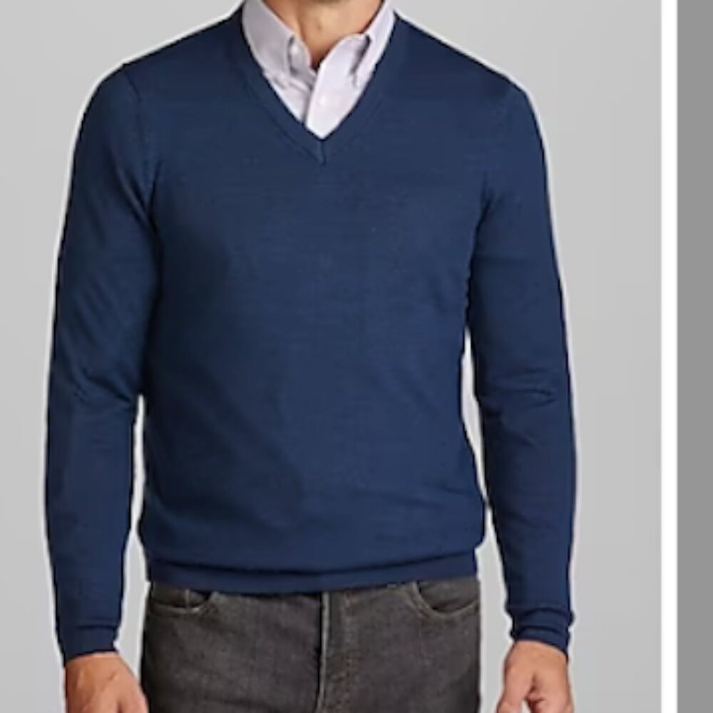 Jos. A. Bank Tailored Fit Merino Wool V-Neck Sweater  colour:Dark denim